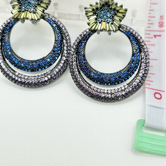 Statement Gunmetal & Blue Rhinestone Hoop Earrings with Floral Top - Picture 3 of 8
